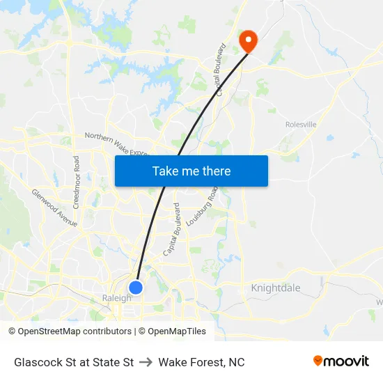 Glascock St at State St to Wake Forest, NC map