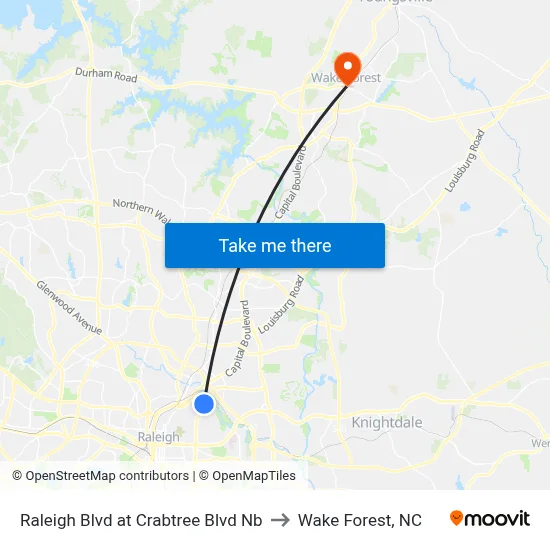 Raleigh Blvd at Crabtree Blvd Nb to Wake Forest, NC map