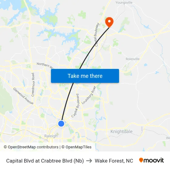 Capital Blvd at Crabtree Blvd (Nb) to Wake Forest, NC map