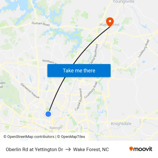 Oberlin Rd at Yettington Dr to Wake Forest, NC map