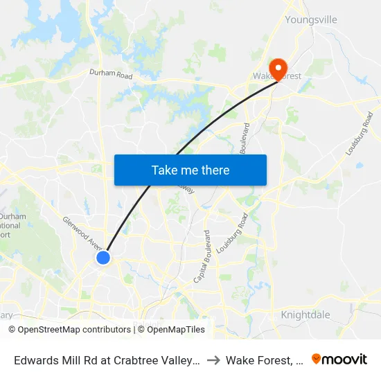 Edwards Mill Rd at Crabtree Valley Ave to Wake Forest, NC map