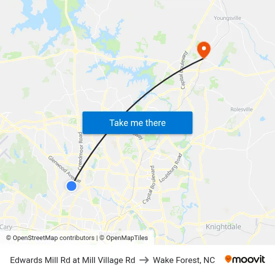 Edwards Mill Rd at Mill Village Rd to Wake Forest, NC map