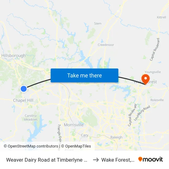 Weaver Dairy Road at Timberlyne Village to Wake Forest, NC map