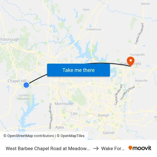 West Barbee Chapel Road at Meadowmont Village Circle to Wake Forest, NC map