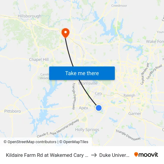 Kildaire Farm Rd at Wakemed Cary (Sb) to Duke University map