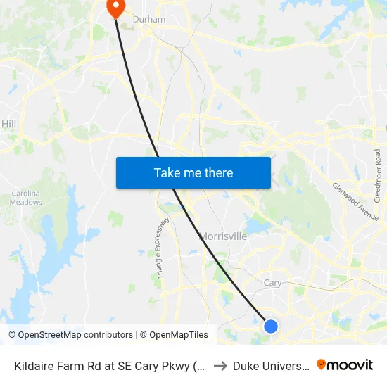 Kildaire Farm Rd at SE Cary Pkwy (Nb) to Duke University map