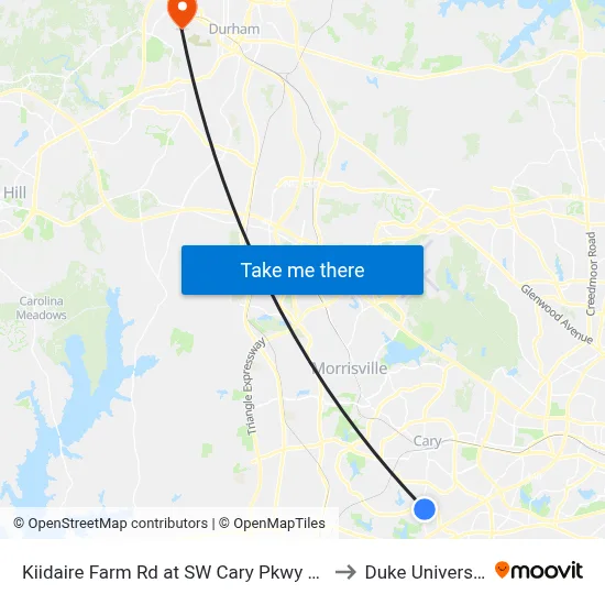 Kiidaire Farm Rd at SW Cary Pkwy (Sb) to Duke University map