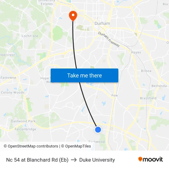 Nc 54 at Blanchard Rd (Eb) to Duke University map