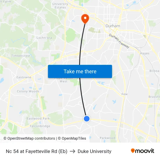 Nc 54 at Fayetteville Rd (Eb) to Duke University map