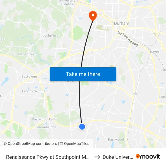 Renaissance Pkwy at Southpoint Mall (Wb) to Duke University map