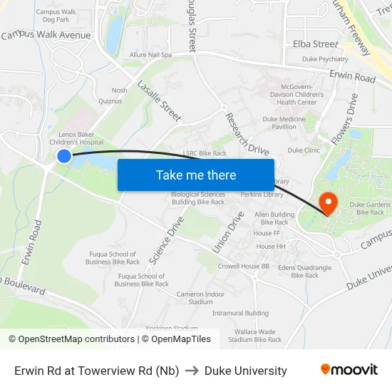 Erwin Rd at Towerview Rd (Nb) to Duke University map