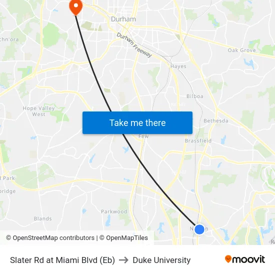 Slater Rd at Miami Blvd (Eb) to Duke University map