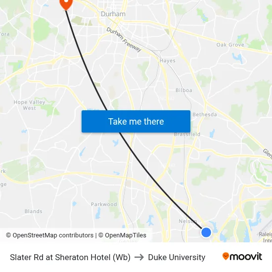 Slater Rd at Sheraton Hotel (Wb) to Duke University map