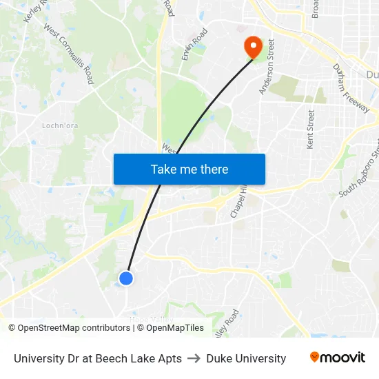University Dr at Beech Lake Apts to Duke University map