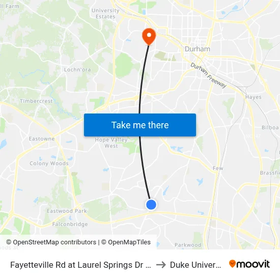 Fayetteville Rd at Laurel Springs Dr (Nb) to Duke University map