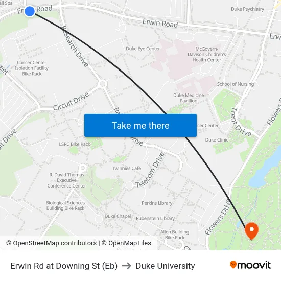 Erwin Rd at Downing St (Eb) to Duke University map