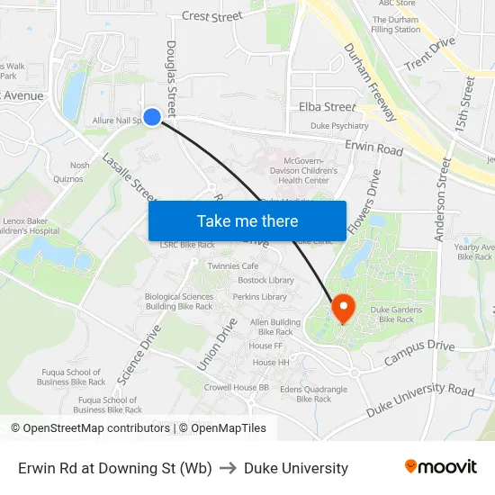 Erwin Rd at Downing St (Wb) to Duke University map