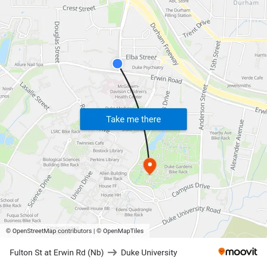 Fulton St at Erwin Rd (Nb) to Duke University map