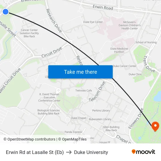 Erwin Rd at Lasalle St (Eb) to Duke University map