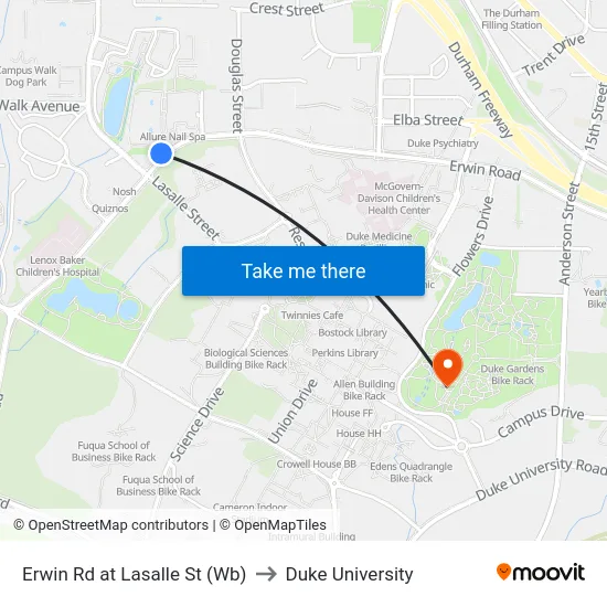 Erwin Rd at Lasalle St (Wb) to Duke University map