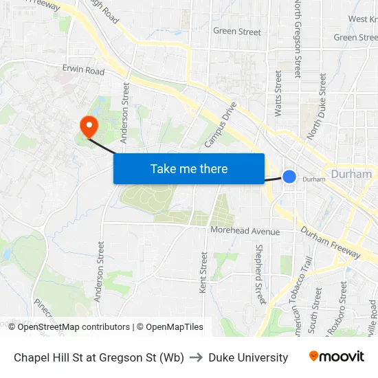 Chapel Hill St at Gregson St (Wb) to Duke University map