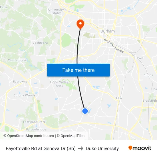 Fayetteville Rd at Geneva Dr (Sb) to Duke University map