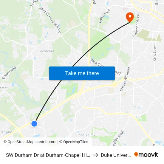 SW Durham Dr at Durham-Chapel Hill Blvd to Duke University map