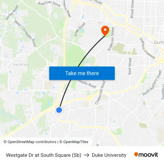 Westgate Dr at South Square (Sb) to Duke University map