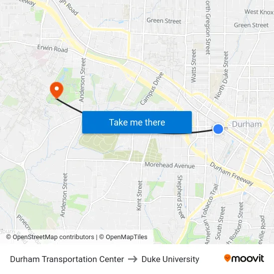 Durham Transportation Center to Duke University map