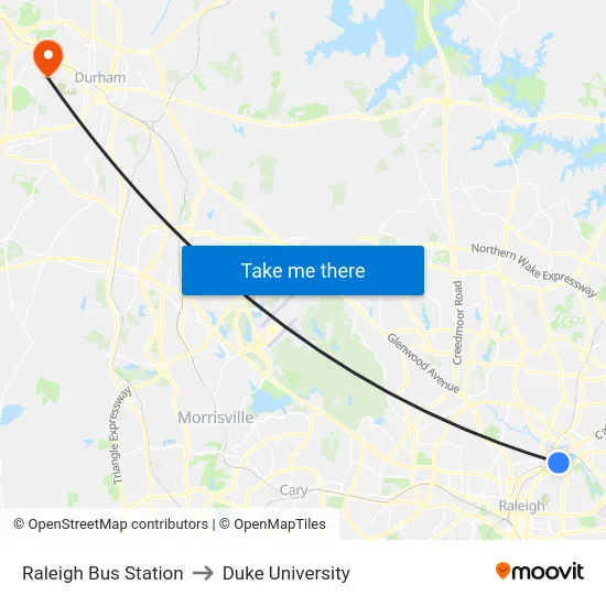 Raleigh Bus Station to Duke University map