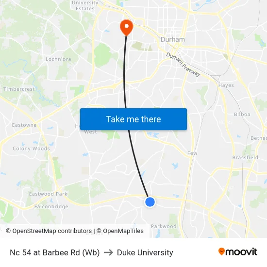 Nc 54 at Barbee Rd (Wb) to Duke University map