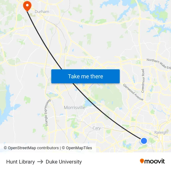 Hunt Library to Duke University map