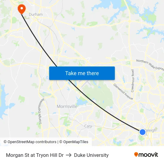 Morgan St at Tryon Hill Dr to Duke University map