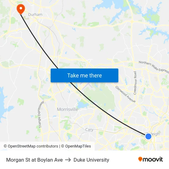 Morgan St at Boylan Ave to Duke University map