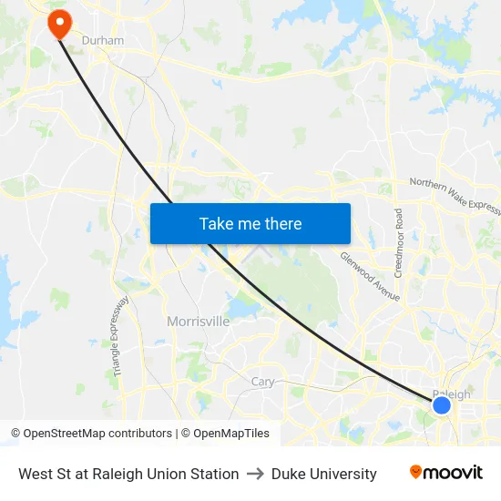 West St at Raleigh Union Station to Duke University map