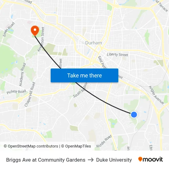 Briggs Ave at Community Gardens to Duke University map