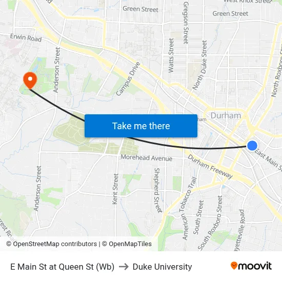 E Main St at Queen St (Wb) to Duke University map