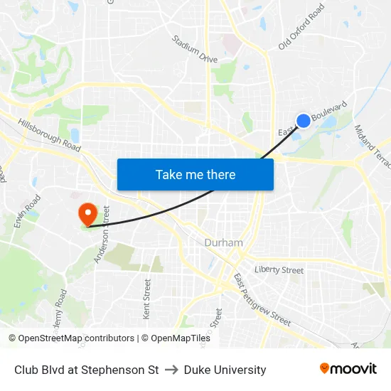 Club Blvd at Stephenson St to Duke University map