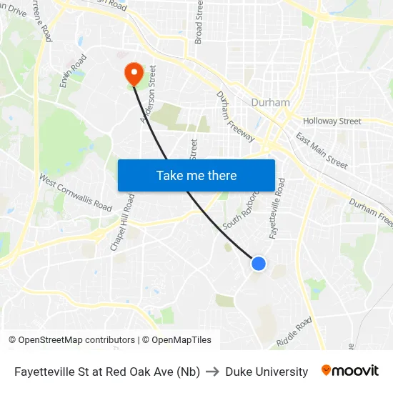 Fayetteville St at Red Oak Ave (Nb) to Duke University map
