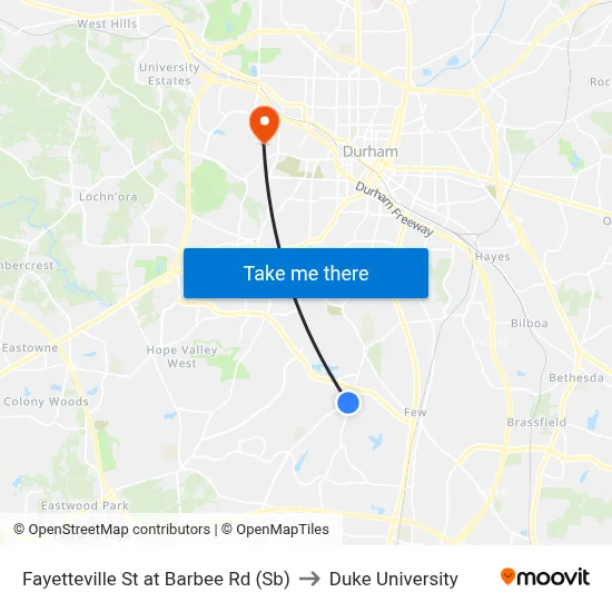 Fayetteville St at Barbee Rd (Sb) to Duke University map