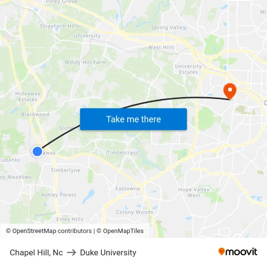 Chapel Hill, Nc to Duke University map