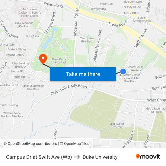 Campus Dr at Swift Ave (Wb) to Duke University map
