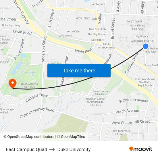 East Campus Quad to Duke University map
