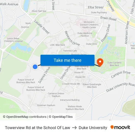 Towerview Rd at the School Of Law to Duke University map