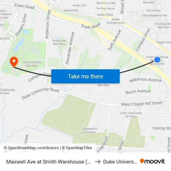 Maxwell Ave at Smith Warehouse (Wb) to Duke University map