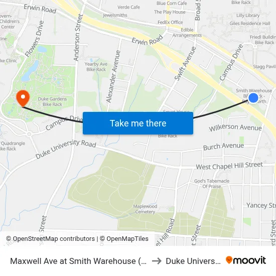 Maxwell Ave at Smith Warehouse (Eb) to Duke University map