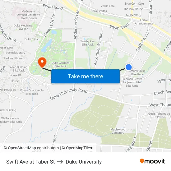 Swift Ave at Faber St to Duke University map