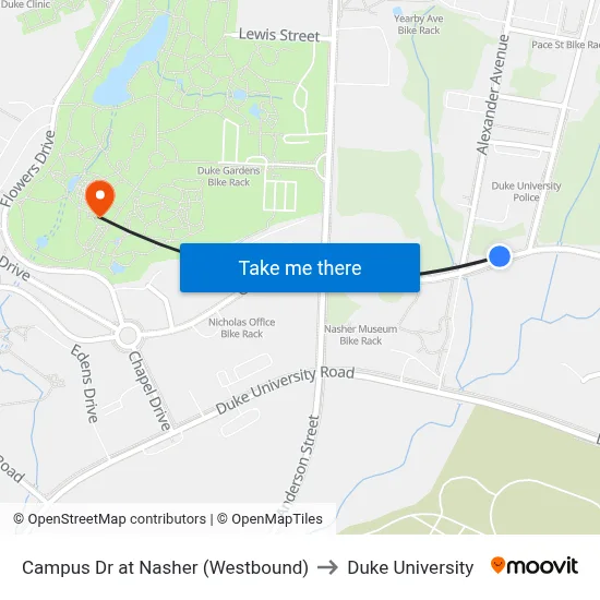 Campus Dr at Nasher (Westbound) to Duke University map