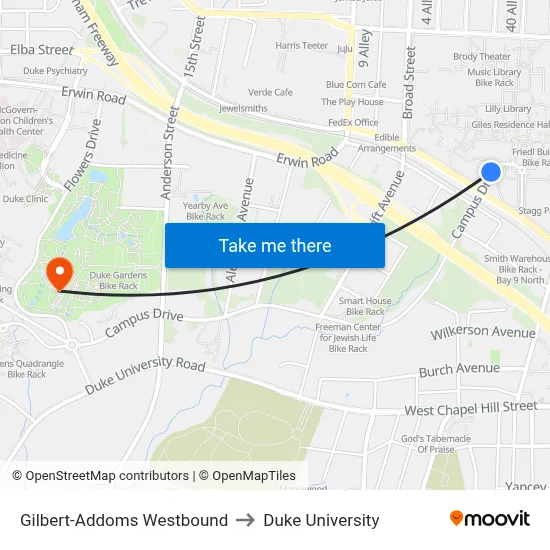 Gilbert-Addoms Westbound to Duke University map