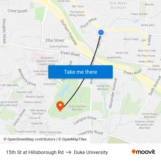 15th St at Hillsborough Rd to Duke University map
